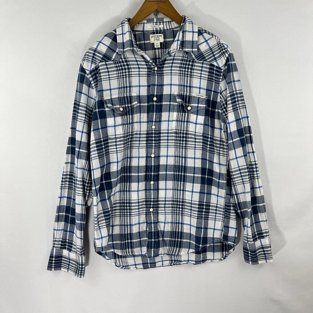 Lucky Brand Mens Sz M Western Pearl Snap Plaid Flannel Long Sleeve Shirt Rodeo